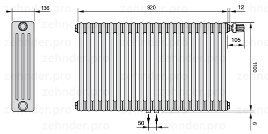 Схема (чертеж) Радиатор Zehnder Charleston 4110/20 №V008 Белый глянцевый RAL 9016